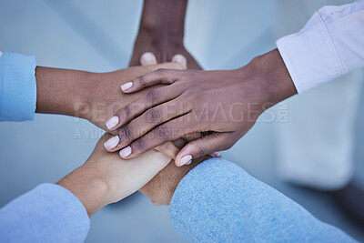Buy stock photo People, trust and hands together above for community, unity or team agreement in support for collaboration. Hand of group in teamwork, motivation or coordination for win or partnership in solidarity