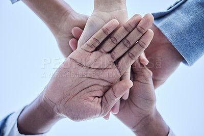 Buy stock photo People, trust and hands together below for community, unity or team agreement in support for collaboration. Hand of group in teamwork, motivation or coordination for win or partnership in solidarity