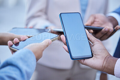 Buy stock photo People, hands and phone in social networking with screen mockup for mobile app, advertising or marketing. Hand of group with smartphone for internet sharing, online collaboration or advertisement