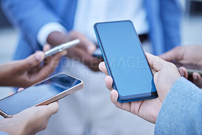 Buy stock photo People, hands and phone screen on mockup for mobile app, advertising or marketing and social media. Hand of group with smartphone together for internet sharing, online collaboration or 5G networking