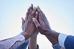 People, hands and high five for community, unity or team agreement in trust, support and collaboration. Hand of group in teamwork, motivation or coordination for winning or partnership in solidarity