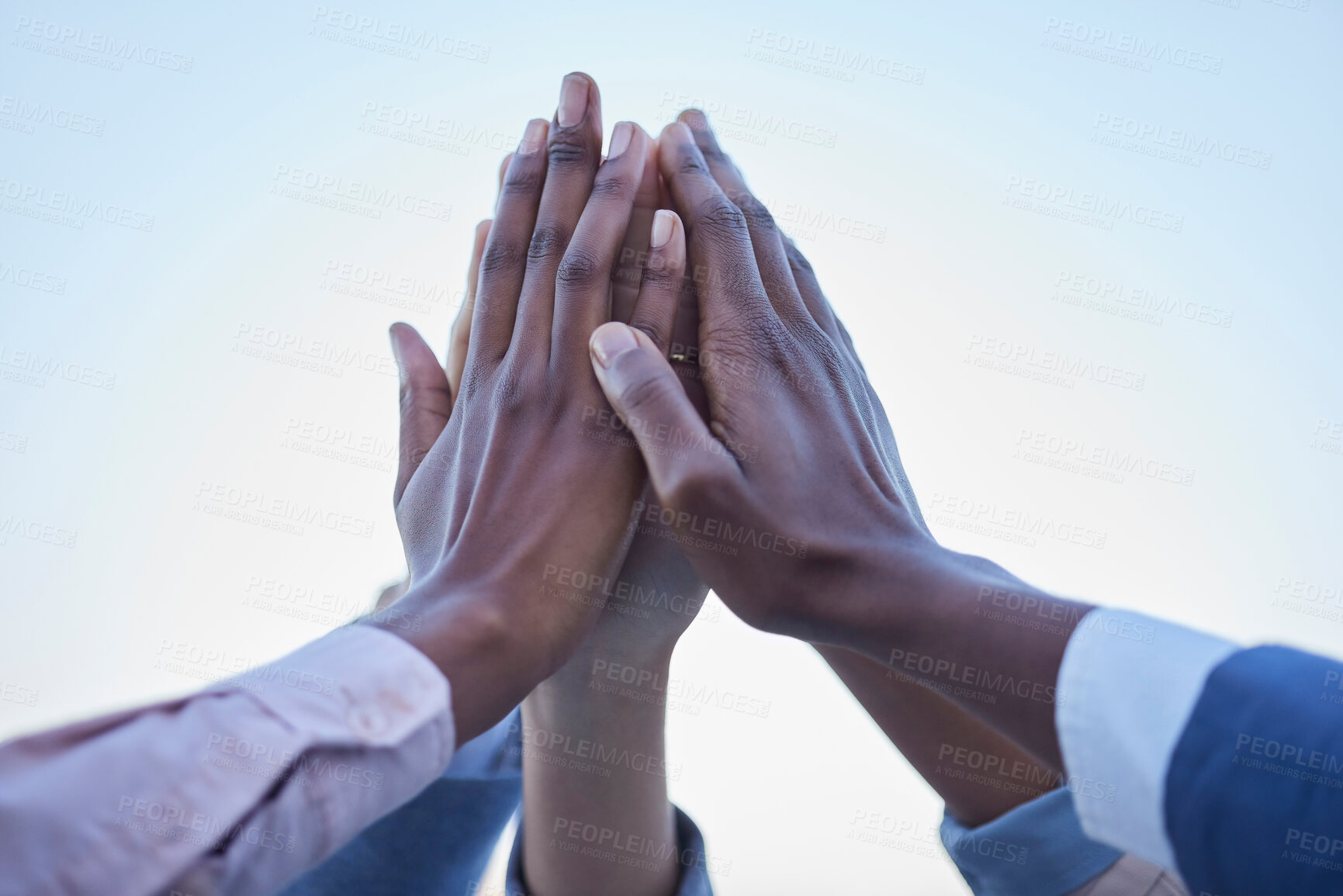 Buy stock photo People, hands and high five for community, unity or team agreement in trust, support and collaboration. Hand of group in teamwork, motivation or coordination for winning or partnership in solidarity