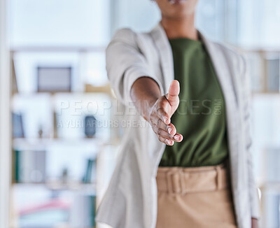 Buy stock photo Business woman, welcome or handshake for collaboration deal, job interview success or teamwork support in office. Zoom, worker or shaking hands in greeting gesture for hello, thank you or partnership