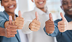 Thumbs up, thank you and winner with hands of business people for yes, approval and emoji. Diversity, community and support with employee and positive gesture for agreement, success and achievement 
