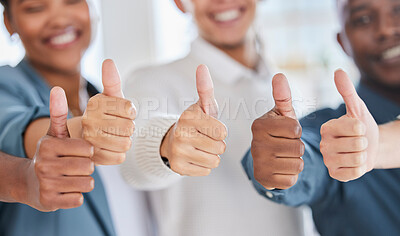 Buy stock photo Thumbs up, thank you and winner with hands of business people for yes, approval and emoji. Diversity, community and support with employee and positive gesture for agreement, success and achievement 