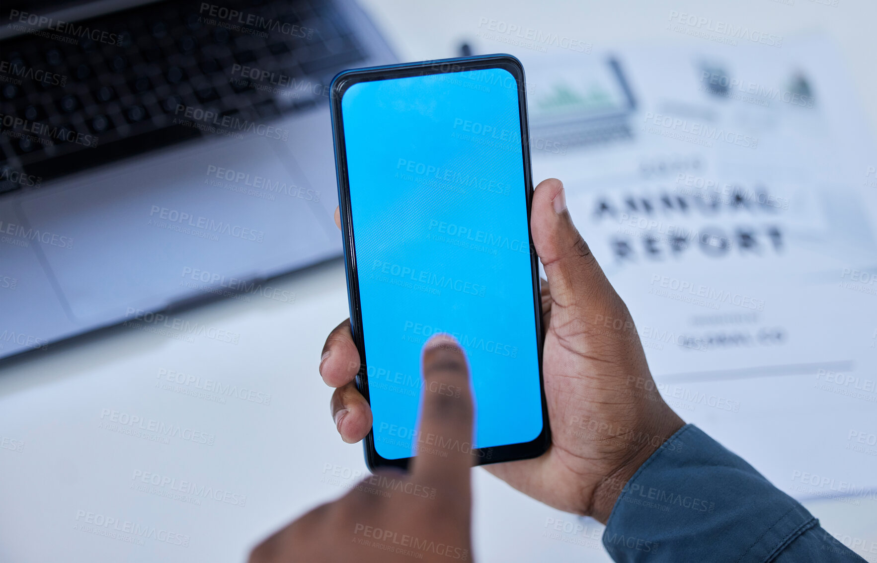 Buy stock photo Green screen, mockup and smartphone in hand, marketing and technology, product placement and business communication. Black man, accountant and networking with research, financial report and fintech