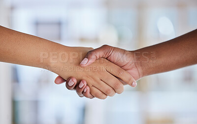 Buy stock photo Business people, handshake or collaboration in office, company or startup deal, teamwork or job interview success. Zoom, black woman or hiring manager in shaking hands gesture, thank you or welcome