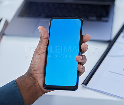 Buy stock photo Green screen, mockup and phone in hand, marketing and technology with product placement and business communication. Black man, networking and ux with email or social media, tech and digital