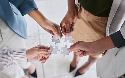 Buy stock photo Top view, puzzle and hands with business, partnership or planning for new project, teamwork or staff. Team, group or jigsaw with collaboration for innovation, career success or brainstorming together