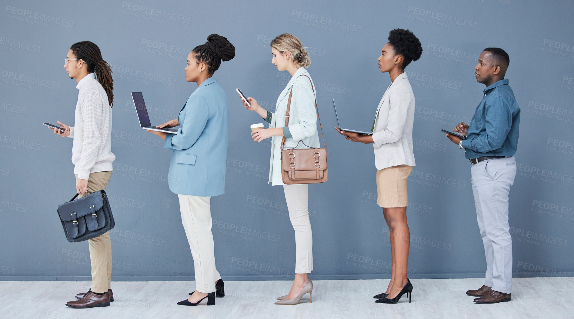 Buy stock photo Business people, diversity and job interview waiting in queue, recruitment line or hr technology row. Vacancy, men and women in human resources, hiring or onboarding office on phone, laptop or tablet