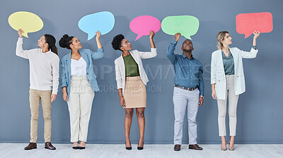 Buy stock photo Speech bubble, feedback mockup and communication with business people for social media, vote and review. Mock up space, chat sign and group of employees with voice, ideas and opinion for branding.