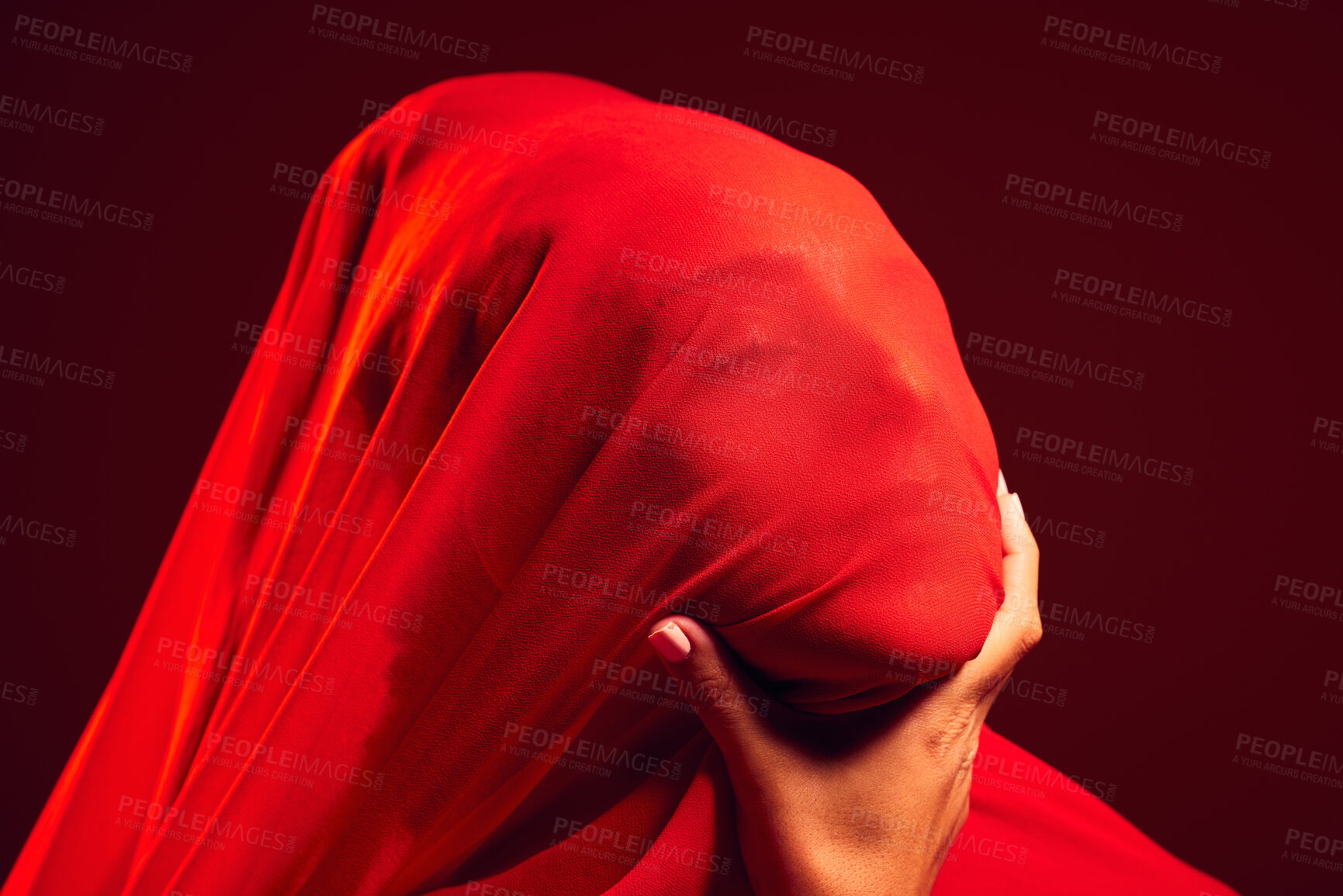 Buy stock photo Model, red fabric and hidden face for fashion, aesthetic and beauty by dark studio background. Gen z woman, cloth or silk veil for creativity, design and art with retro, vintage or creative clothes