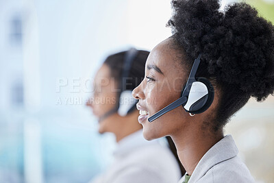 Buy stock photo Call center, black woman and crm, telemarketing and customer service in office on blurred background. Faq, consulting and girl with online support, help and advice, contact us and friendly service