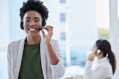 Buy stock photo Call center, portrait and black woman in office for crm, telemarketing and customer service on blurred background. Face, lady or manager consulting for faq, about us or online support, help or advice