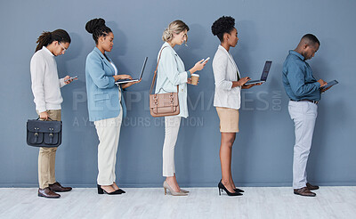 Buy stock photo Business people, diversity or job interview waiting on technology queue, recruitment line or hr row. Vacancy, men or women in human resources, hiring or onboarding office on phone, laptop or tablet