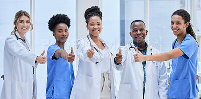 Buy stock photo Portrait, team of doctors and thumbs up for teamwork, support and hospital services mission. Medical nurses, people or diversity employees face for healthcare like, vote and thank you emoji hands