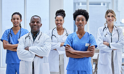Buy stock photo Proud, diversity and doctors portrait in healthcare mission, hospital values and teamwork or leadership. Group of medical staff, nurses or professional employees face of USA clinic in workforce goals