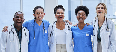 Buy stock photo Group, happy doctors and healthcare portrait for hospital services, mission and diversity values. Support, love and laughing nurses, medical professional employees or face of USA clinic staff success