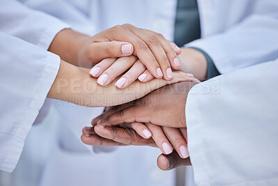 Buy stock photo Hospital mission, team building or hands in a huddle after a meeting collaboration for healthcare targets or goals. Teamwork, partnership or medical doctors with support, trust or hope for success 