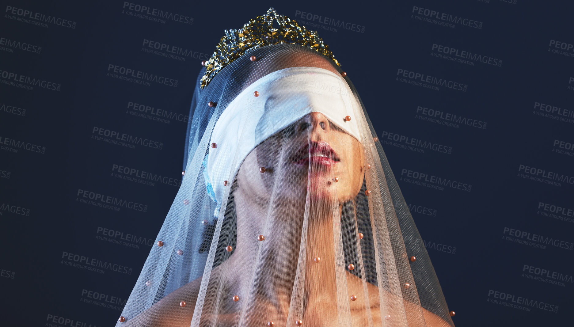 Buy stock photo Blindfolded, princess and woman in veil studio for creative, fashion or artistic aesthetic on black background. Model, medieval and crown beauty by girl model in luxury, fabric and elegant clothing 