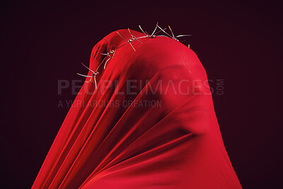 Buy stock photo Red fabric, creative aesthetic and model in a studio with face covering for religion and luxury clothing. Glamour, religious thorn crown and woman with god respect wearing vintage and silk apparel 