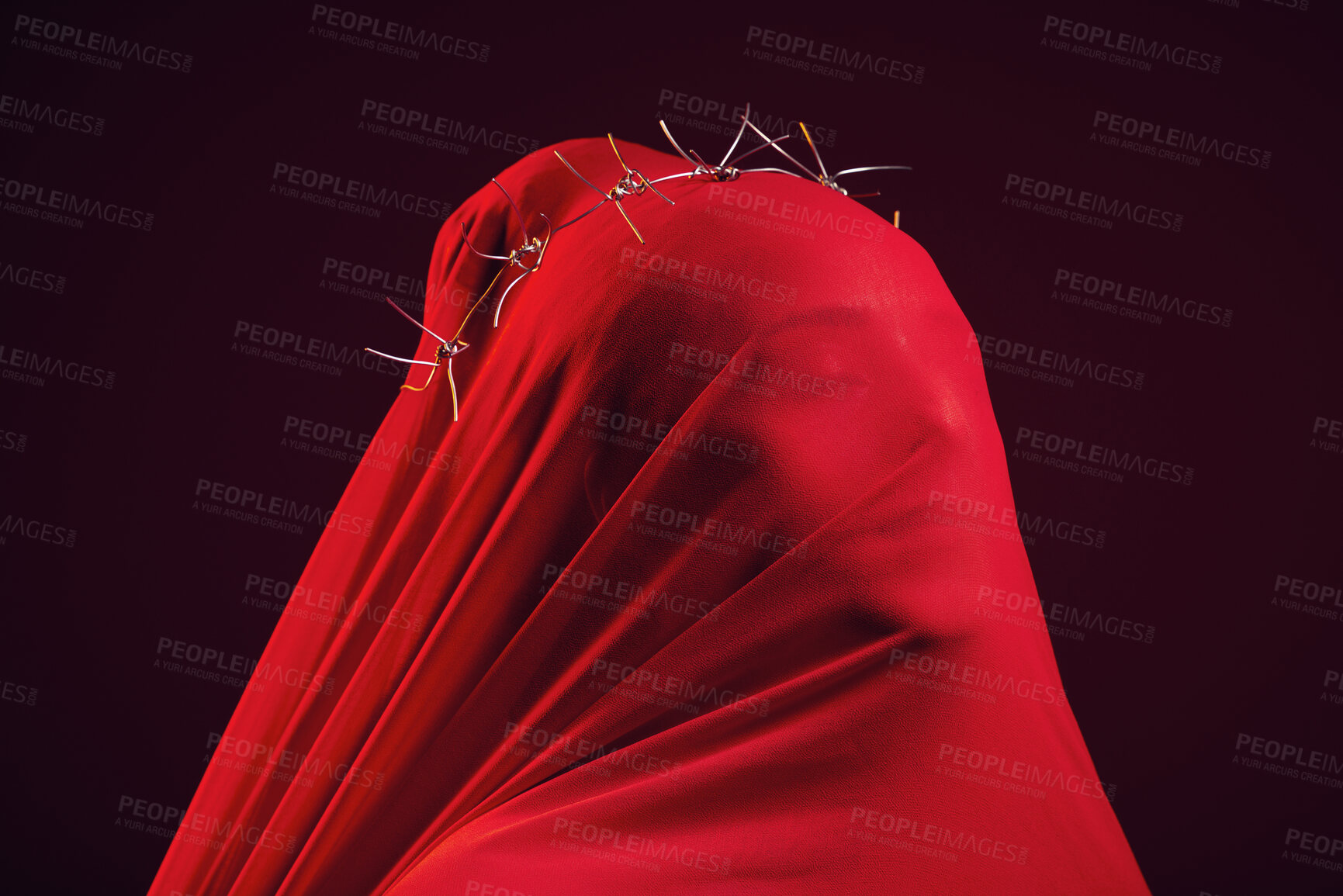 Buy stock photo Red fabric, creative aesthetic and model in a studio with face covering for religion and luxury clothing. Glamour, religious thorn crown and woman with god respect wearing vintage and silk apparel 