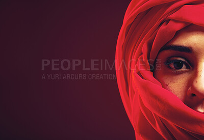 Buy stock photo Muslim, eyes and portrait of woman in studio with hijab, mockup and modest beauty on black background. Islamic, face and Arab girl model relax in mysterious, aesthetic and confidence while isolated 