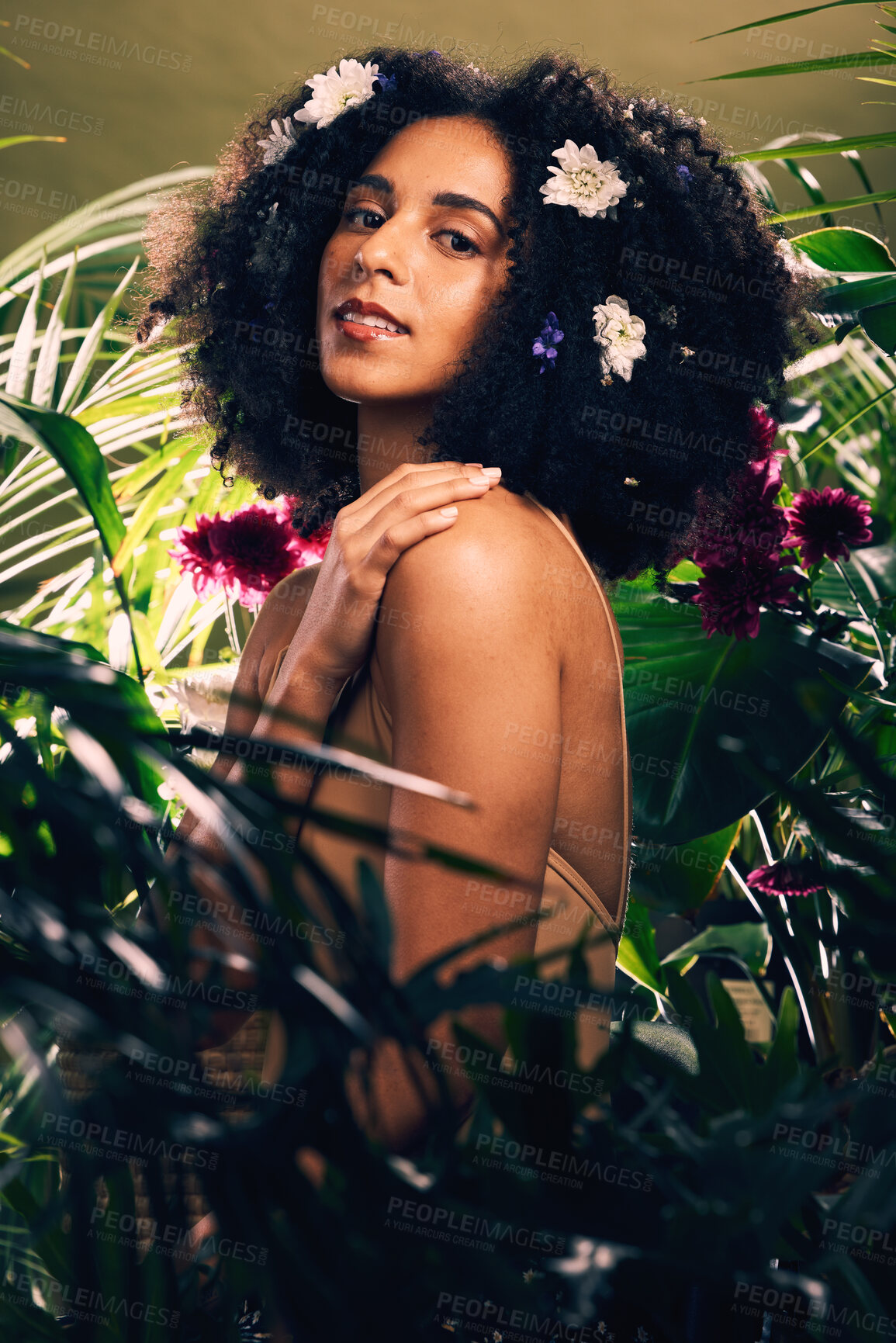 Buy stock photo Skincare, flowers and portrait of black woman in studio with a natural, organic and beauty face routine. Leaves, cosmetic and African female model with self care, health and wellness facial treatment