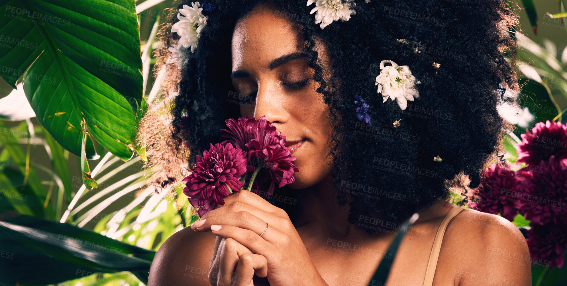 Buy stock photo Beauty, skincare and woman smelling flowers in a organic garden for a natural floral face routine. Cosmetic, wellness and female model from Mexico enjoying the aroma of plants in a environment.