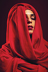 Muslim, makeup and woman in studio with hijab, mockup and advertising beauty on black background. Islamic, face and Arab girl model relax in mysterious, aesthetic and confidence while isolated