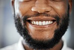 Cropped closeup, black man and smile with teeth, happiness and excited for web developer job. Macro headshot, healthy mouth and happy webdesign expert by blurred background for vision, goal and ideas