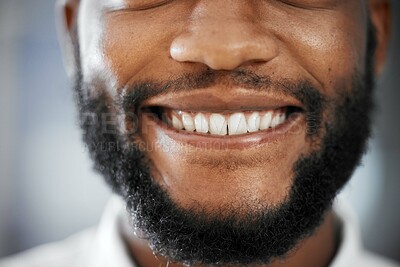 Buy stock photo Cropped closeup, black man and smile with teeth, happiness and excited for dental healthcare. Macro headshot, healthy mouth and oral hygiene by blurred background for medical cleaning, goal and ideas