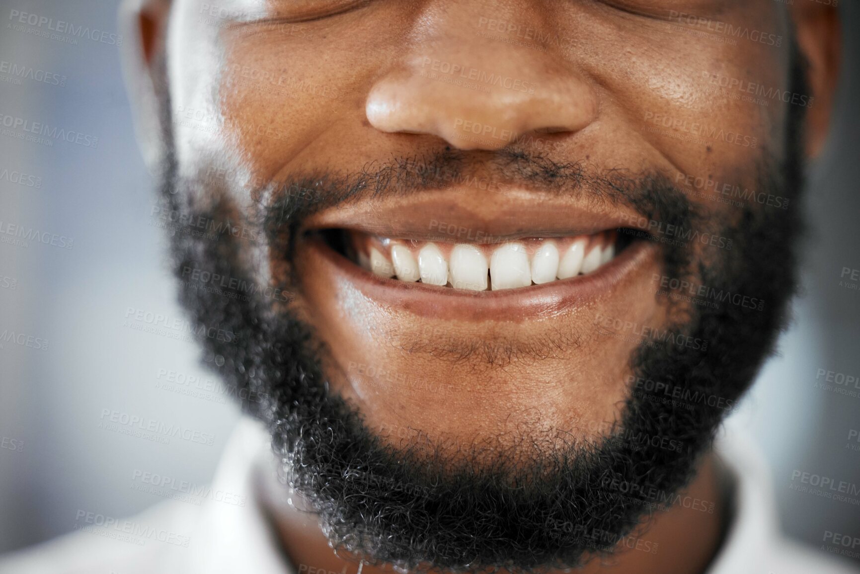 Buy stock photo Cropped closeup, black man and smile with teeth, happiness and excited for dental healthcare. Macro headshot, healthy mouth and oral hygiene by blurred background for medical cleaning, goal and ideas