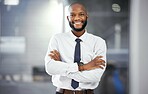 Black man portrait, smile or corporate worker for financial growth or accounting work. Company vision, success or happy business employee smile for finance, motivation or mission mindset in office