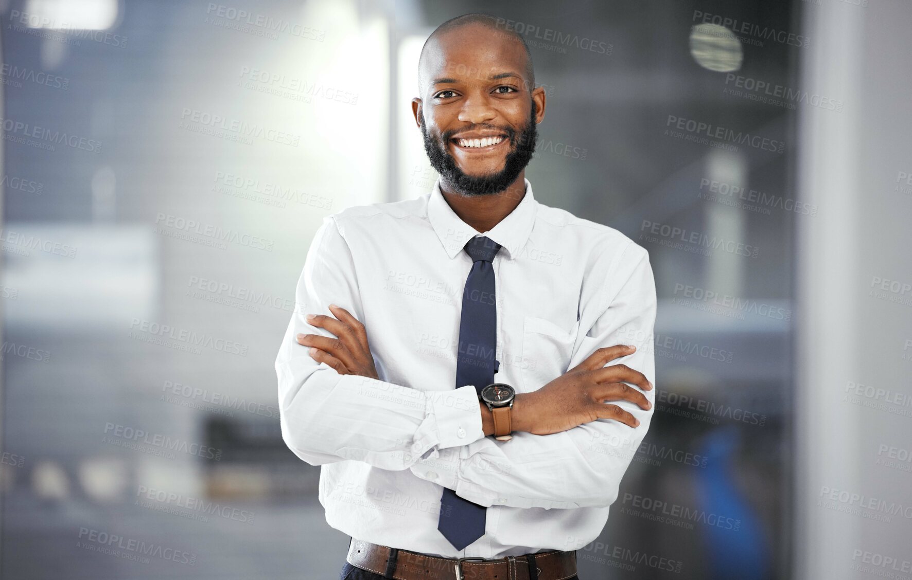 Buy stock photo Black man portrait, smile or corporate worker for financial growth or accounting work. Company vision, success or happy business employee smile for finance, motivation or mission mindset in office