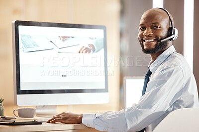 Buy stock photo Black man, call center portrait and smile by computer for tech support, communication and crm help. Telemarketing expert, contact us and pc at desk for customer service in office with happy mindset