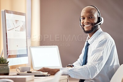 Buy stock photo Blank computer screen, call center and portrait of black man on a telemarketing office call. Customer service, web support and contact us employee with a smile from online consulting job and career