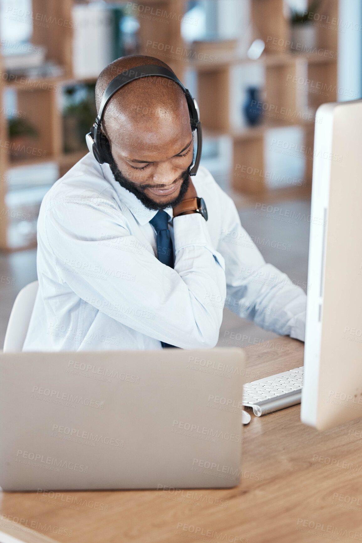 Buy stock photo Black man, call center and neck pain by computer for tech support, communication and crm help desk. Telemarketing burnout, contact us and pc at desk for customer service in office with muscle strain
