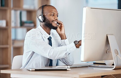 Buy stock photo Call center, black man and consultant call of a crm, contact us and telemarketing employee. Businessman, web help and computer communication of an online consulting agent working on customer service