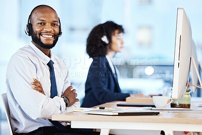Buy stock photo Crm, call center portrait and black man working on lead generation and kpi at a office. Customer service, web support and contact us employee with a smile from online consulting job and career