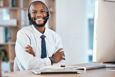 Buy stock photo Customer support portrait, computer consulting and black man telemarketing on contact us CRM or telecom. Call center communication, online ecommerce or information technology consultant on microphone