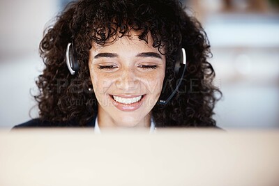 Buy stock photo Customer support face, computer consulting and happy woman telemarketing on contact us CRM or telecom. Call center communication, online e commerce and information technology consultant on microphone