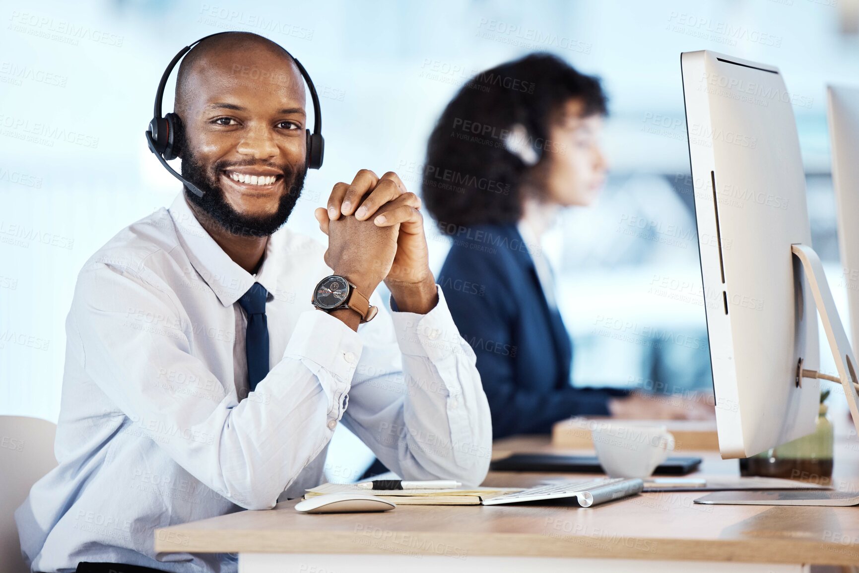 Buy stock photo Customer service portrait, computer consulting and black man telemarketing on contact us CRM or telecom. Call center communication, online ecommerce or information technology consultant on microphone