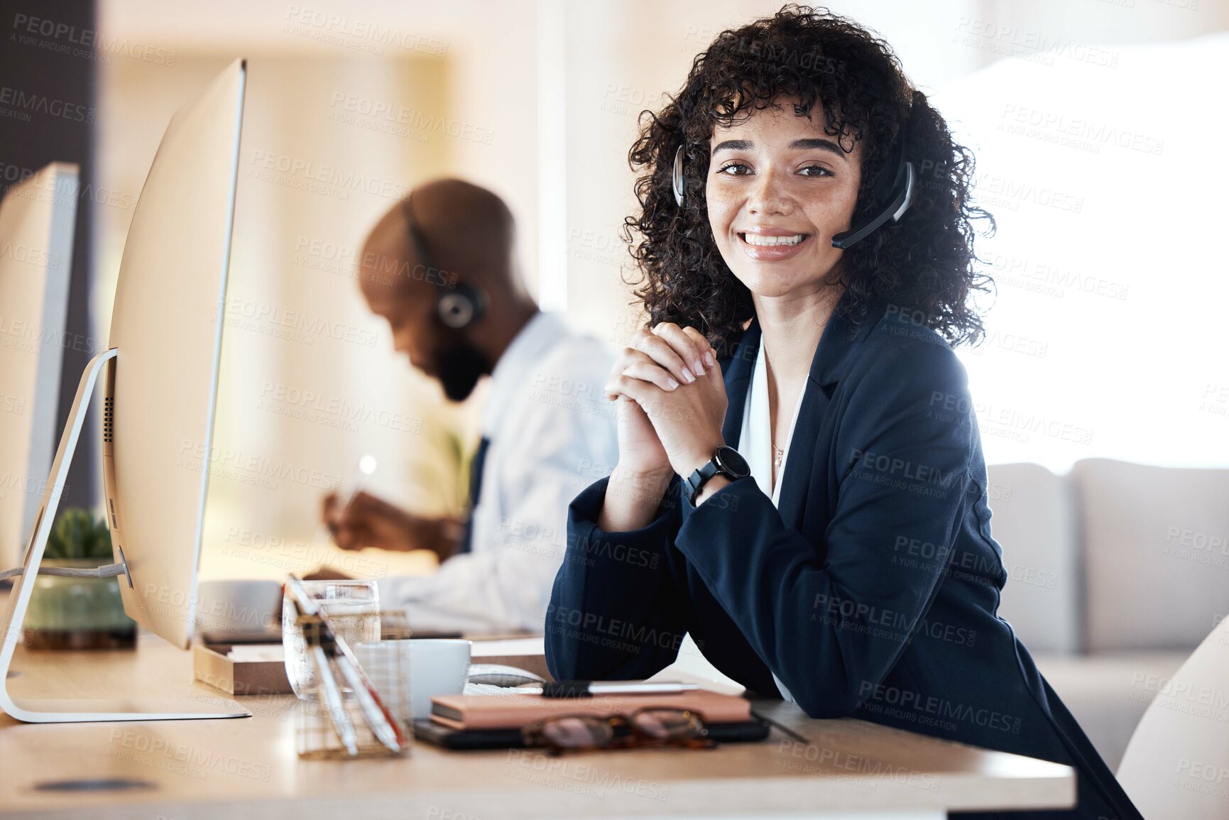 Buy stock photo Telemarketing, call center and portrait of black woman and ecommerce worker with crm work. Customer service, web support and contact us employee with a smile from online consulting job and career