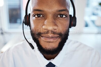Buy stock photo Customer service consultant, face portrait and black man telemarketing on contact us CRM or telecom. Call center communication, online e commerce and information technology consulting on microphone