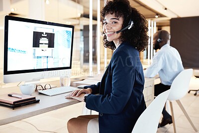 Buy stock photo Computer screen, call center portrait and black woman working on a digital office call. Customer service, web support and contact us employee with a smile from online consulting job and career