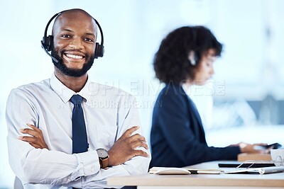Buy stock photo Customer service consultant, happy portrait and black man telemarketing on contact us CRM or telecom. Call center communication, online e commerce and information technology consulting on microphone