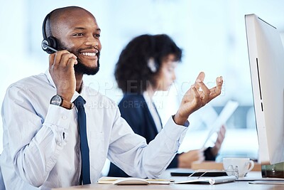 Buy stock photo Call center, black man and phone call of a crm, contact us and telemarketing employee. Businessman, web support and computer communication of an online consulting agent working on customer service