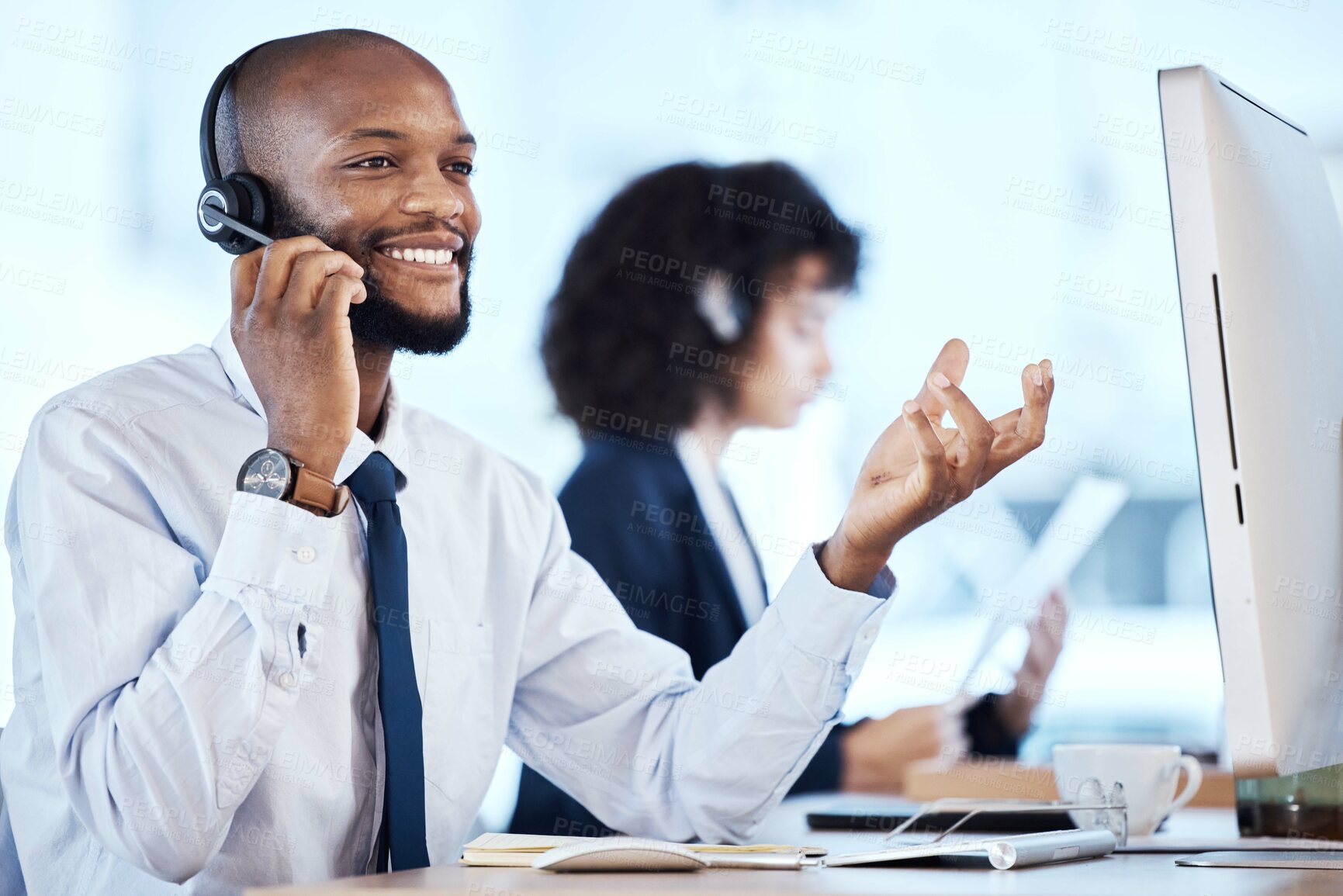 Buy stock photo Call center, black man and phone call of a crm, contact us and telemarketing employee. Businessman, web support and computer communication of an online consulting agent working on customer service