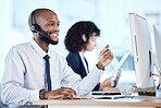 Customer service, computer consulting and happy black man telemarketing on contact us CRM or telecom. Call center communication, online e commerce or information technology consultant on microphone